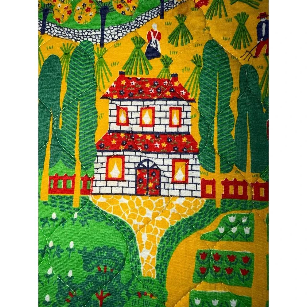 Farm Folk Art Quilted Placemats Green Yellow‎ Set of 4 Cottagecore Farmer Calico